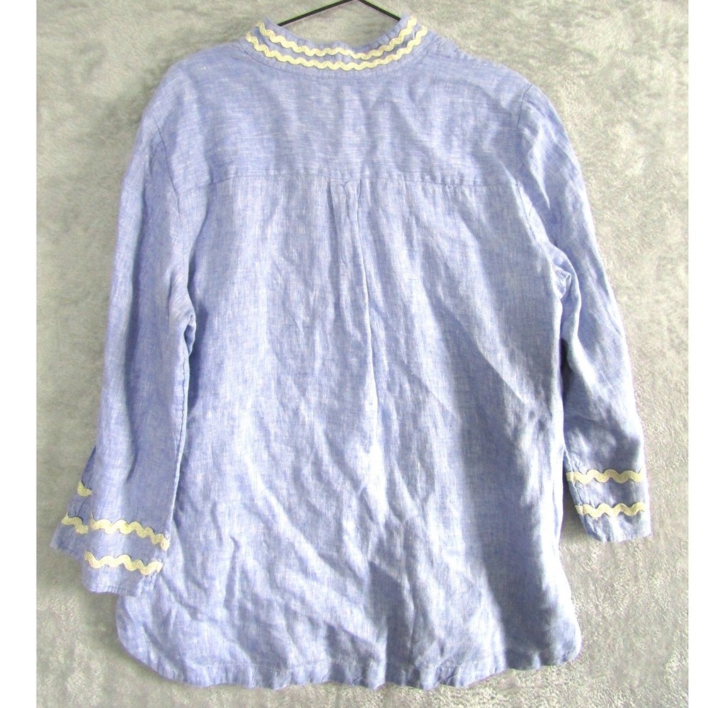 Chicos Blue 100% Linen Tunic Top Ric Rac Trim V-Neck 3/4 Sleeve Size 3 US 16